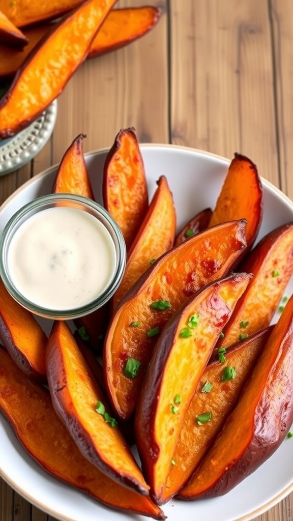 Crispy air fryer sweet potato wedges on a plate with dipping sauce.
